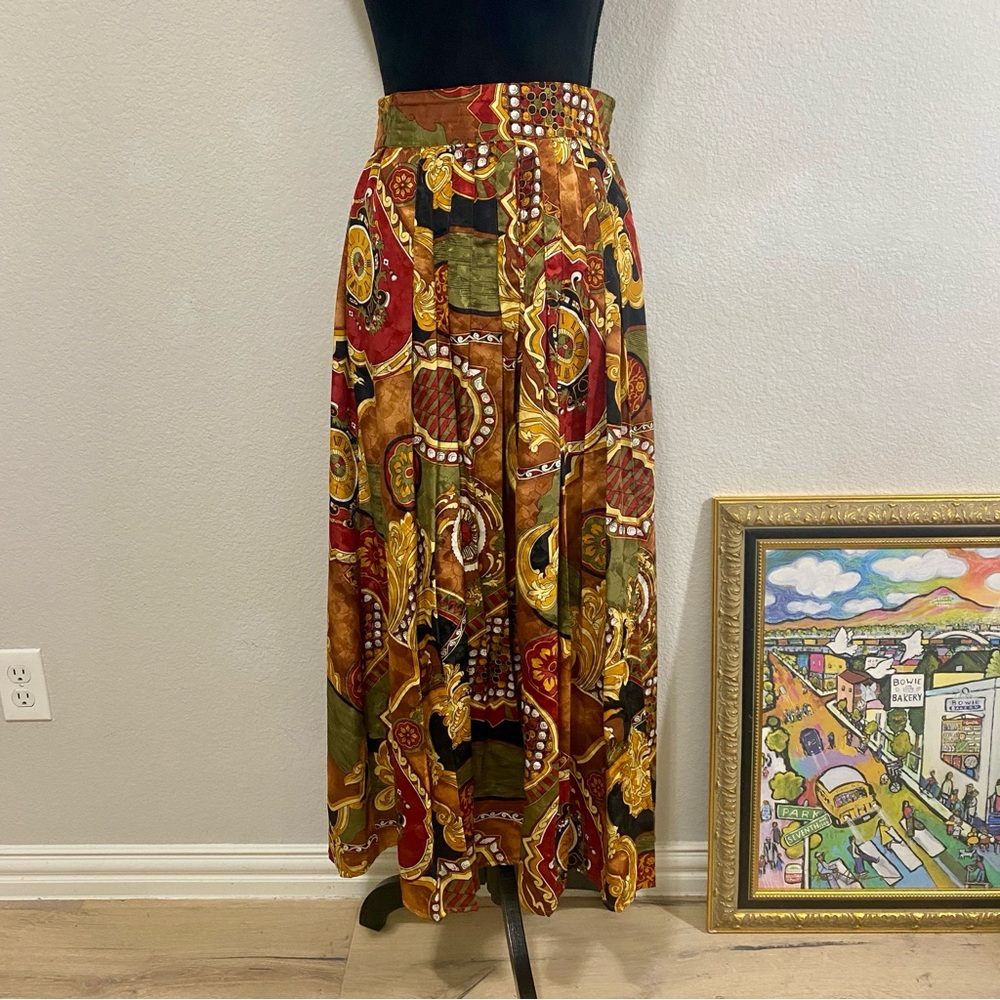 Vintage Howard Wolf Patterned Maxi Skirt, Sz 8, Pleats, Gorgeous, Classic‎